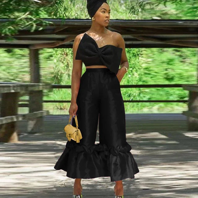 Fashion Women 2 Pcs Set Bow Zipper Sleeveless Strapless Tops High Waist Spliced Pleated Pants Suit Summer Set