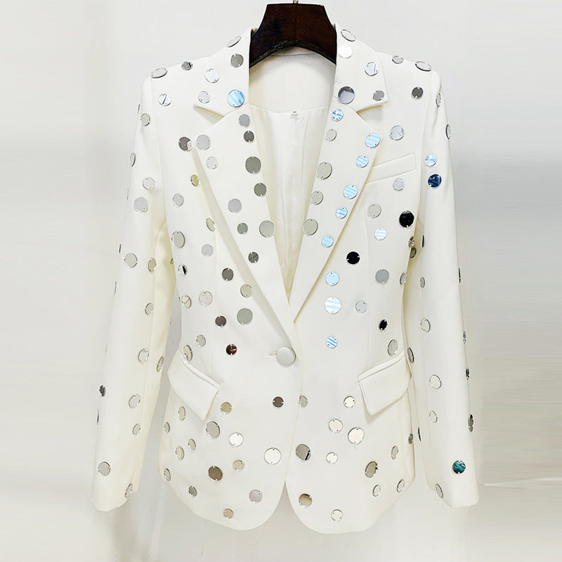 Luxury Sequined Beading Women Clothing New Arrivals One Button White Blazer Mujer Jacket