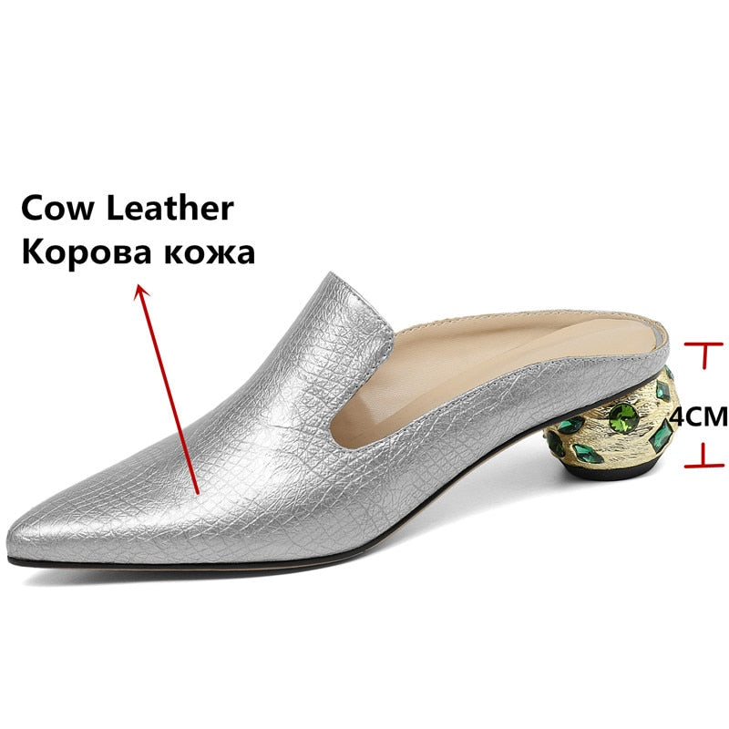 Women Thick Heels  New Arrival Rhinestone Pointed Toe Genuine Leather Slippers Mules Summer Crystal Sandals Shoes Woman