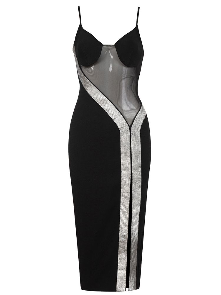 Spaghetti Strap Bandage Dress Women Transparent Mesh Patchwork Mesh Dress Ladies Summer Sexy Club Party Dresses