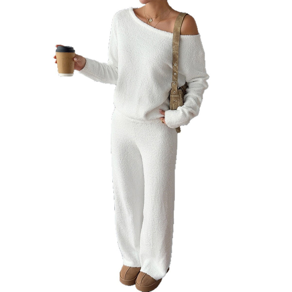 Casual Woolen Diagonal Collar Long Sleeve Pants Set for Women
