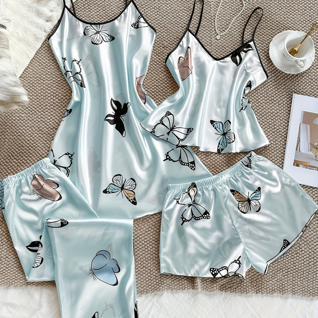 Silk-like Home Wear Set with Butterfly Print, 4-Piece Fashionable Casual Sleepwear for Women