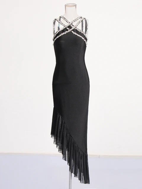 Sexy Patchwork Diamonds Dress For Women V Neck Sleeveless High Waist Bodycon Spliced Mesh Slimming Dresses Female