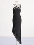 Sexy Patchwork Diamonds Dress For Women V Neck Sleeveless High Waist Bodycon Spliced Mesh Slimming Dresses Female