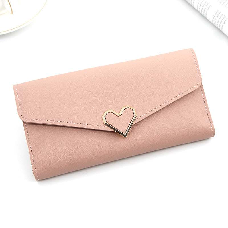 Long plain heart-shaped leather wallet with multiple card slots buckle wallet large capacity hand-held bag