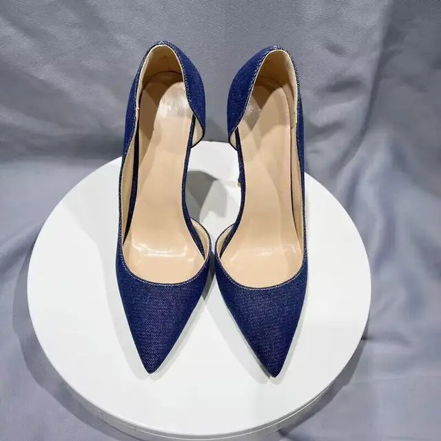 Women Navy Blue Denim Fabric Sexy  Pointy Toe High Heel Shoes Elegant Comfortable Soft Stiletto Pumps Plus