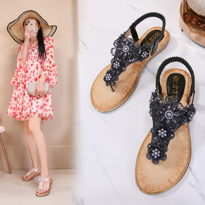 Shoes Women Sandals Women's Clip-On Elastic Strap Open Toe Sandals Flower Trim Flat Sandals