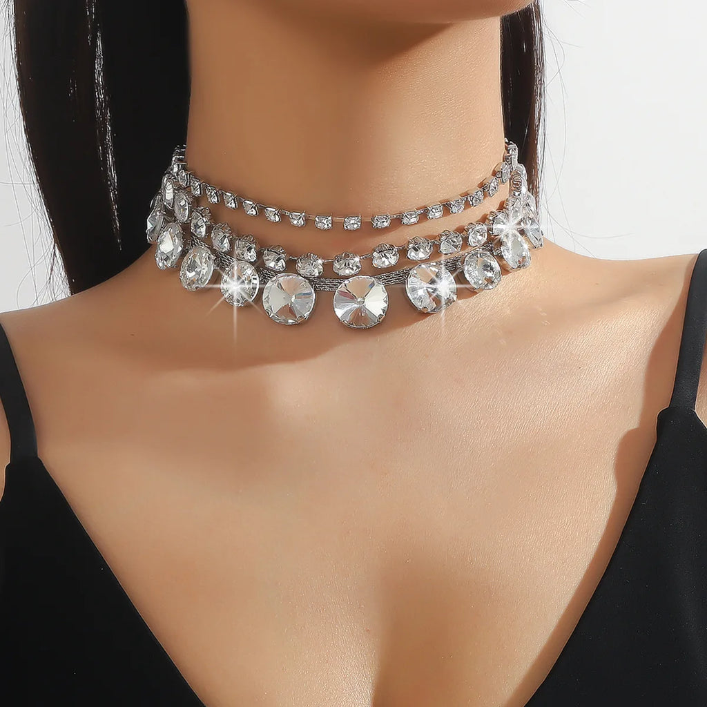 Multilayer Geometric Crystal Choker Necklaces for Women Round Clavicle Chain Necklaces Statements Jewelry