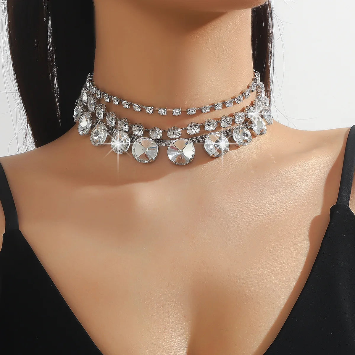 Multilayer Geometric Crystal Choker Necklaces for Women Round Clavicle Chain Necklaces Statements Jewelry