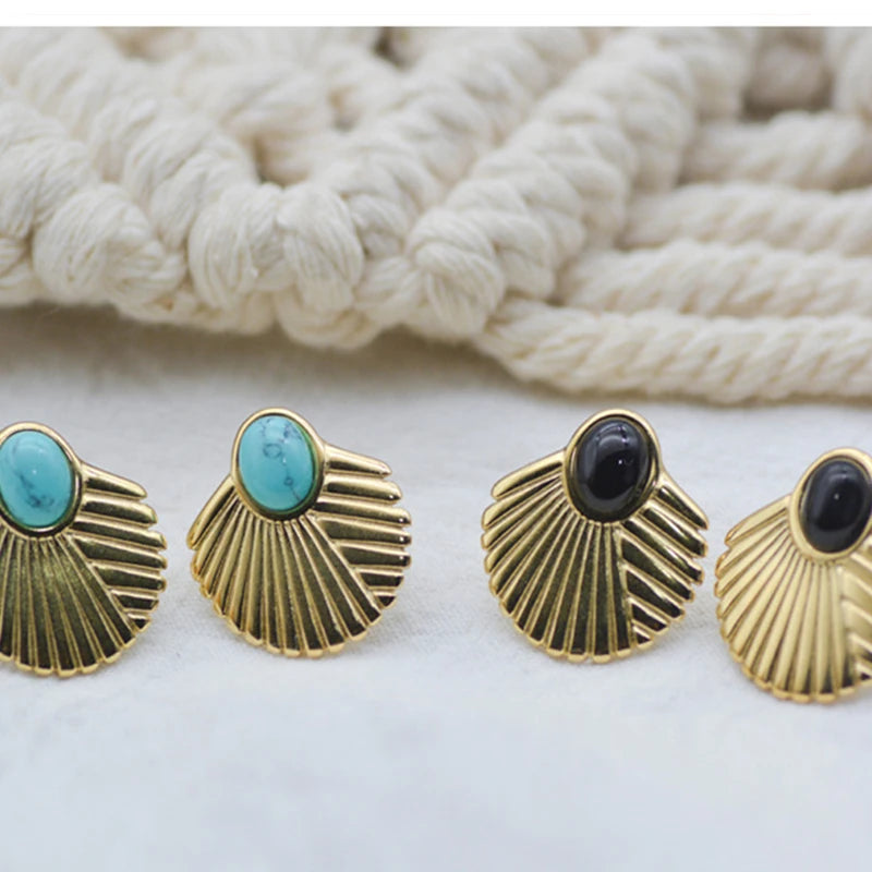 Stud Earrings for Women Girl's Natural Stone Scalloped Natural Stone Texture Earrings Stainless Steel Jewelry