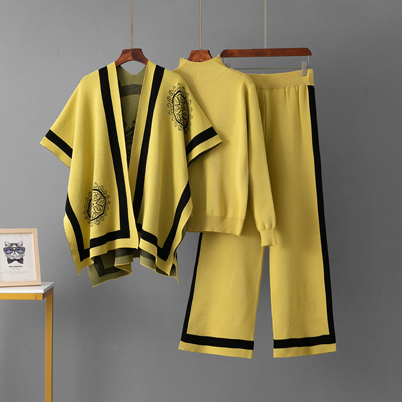 Women Three-Piece Knit Cape + Top + Casual Knit Pants