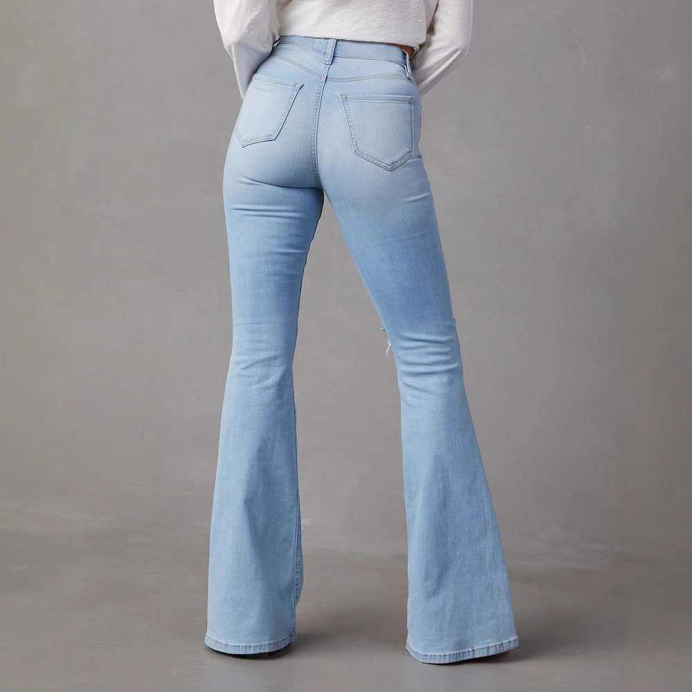 High Waist Ripped Denim Pants Women Streetwear Flare Jeans Long Pants