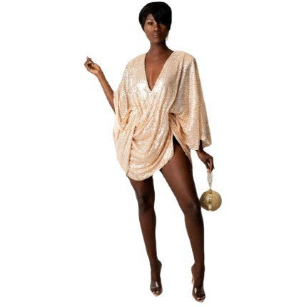 Sequins Women Draped Batwing Sleeve Mini Dress Sexy Party Clubwear Elegant INS Loose Backless Dresses