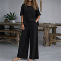 Casual Loose Rich Style Wide-Leg Pants Linen-Cotton Two-Piece Set for Women
