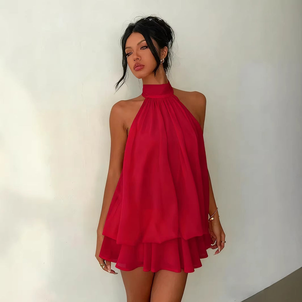 Solid Color Vacation Fitted Sexy Backless Halter Neck Cinched Waist Flared Mini Dress for Women