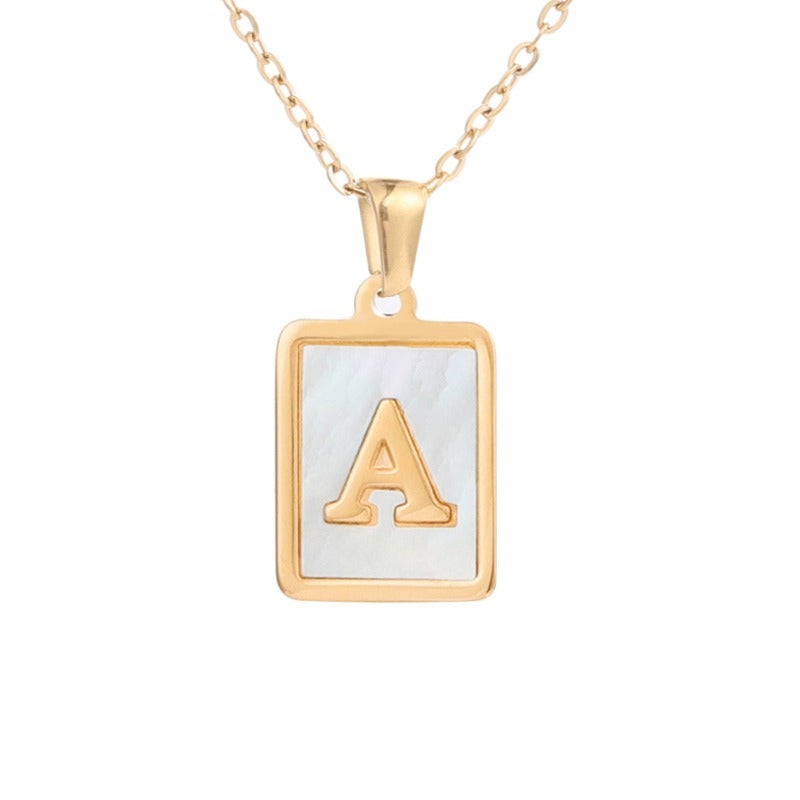 New Stainless Steel Square Letter Necklace Female Gold Shell Inlaid Titanium Steel English Pendant Necklace