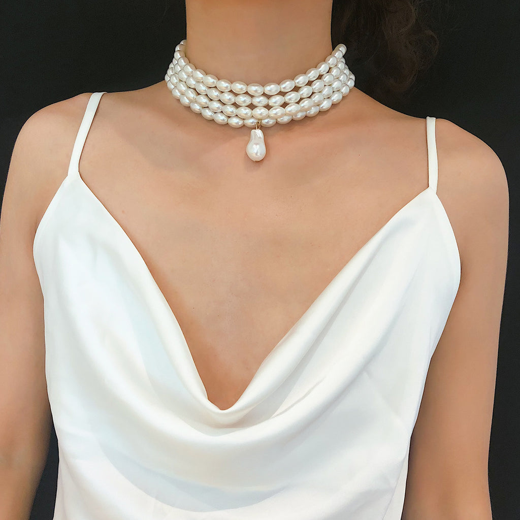 Personality Fashion Geometric Beaded Necklace Simple Multilayer Pearl Shaped Pendant Necklace Women