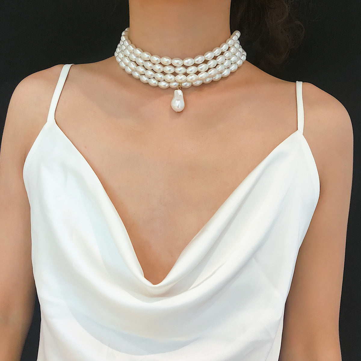 Personality Fashion Geometric Beaded Necklace Simple Multilayer Pearl Shaped Pendant Necklace Women