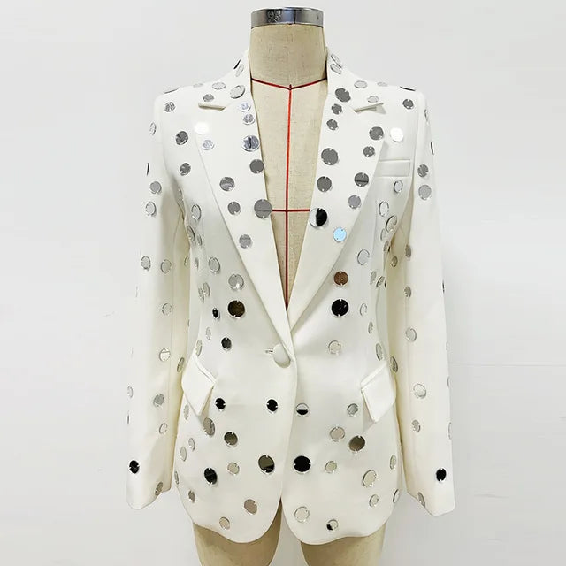 Luxury Sequined Beading Women Clothing New Arrivals One Button White Blazer Mujer Jacket