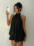 Solid Color Vacation Fitted Sexy Backless Halter Neck Cinched Waist Flared Mini Dress for Women