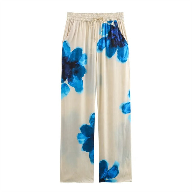 Silk floral print shirt straight leg pants set for women