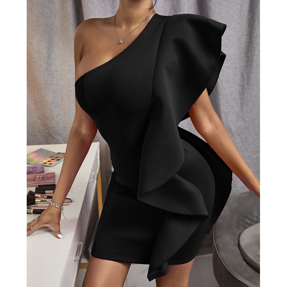 Spring And Summer Package Hip Sexy Slanted Shoulder Dress Women's Solid Color Sleeveless One-Piece Dress Women