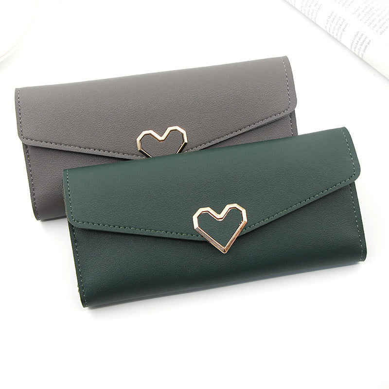 Long plain heart-shaped leather wallet with multiple card slots buckle wallet large capacity hand-held bag