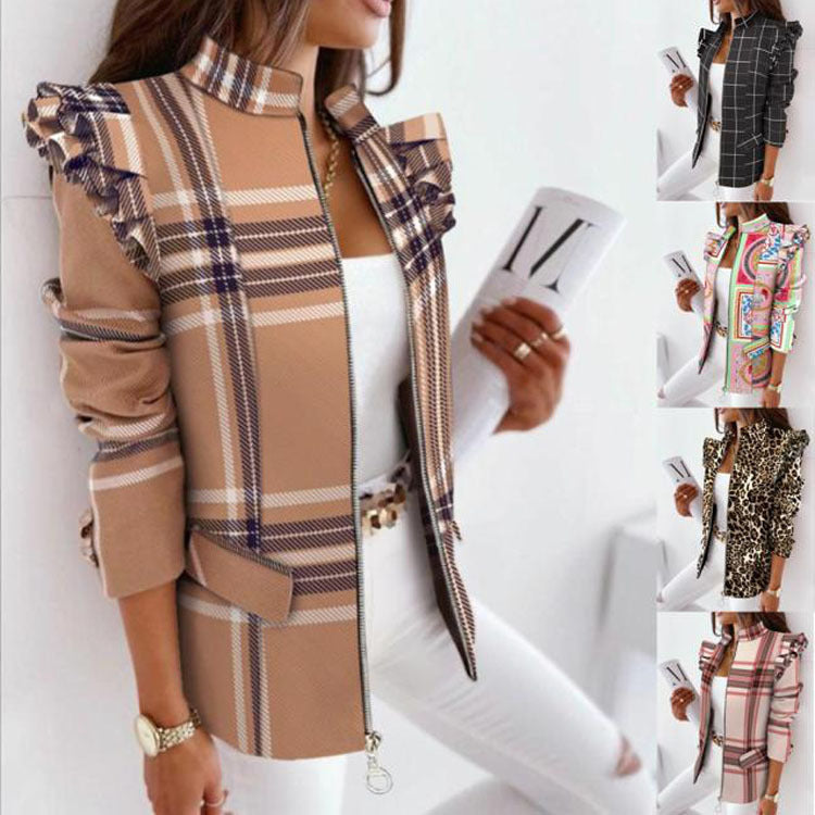 Flounce Sleeve Long Sleeve Zipper Printed Blazer Coat for Women