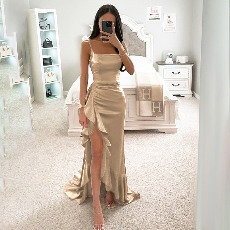 Sexy camisole ruffled slit dress for women