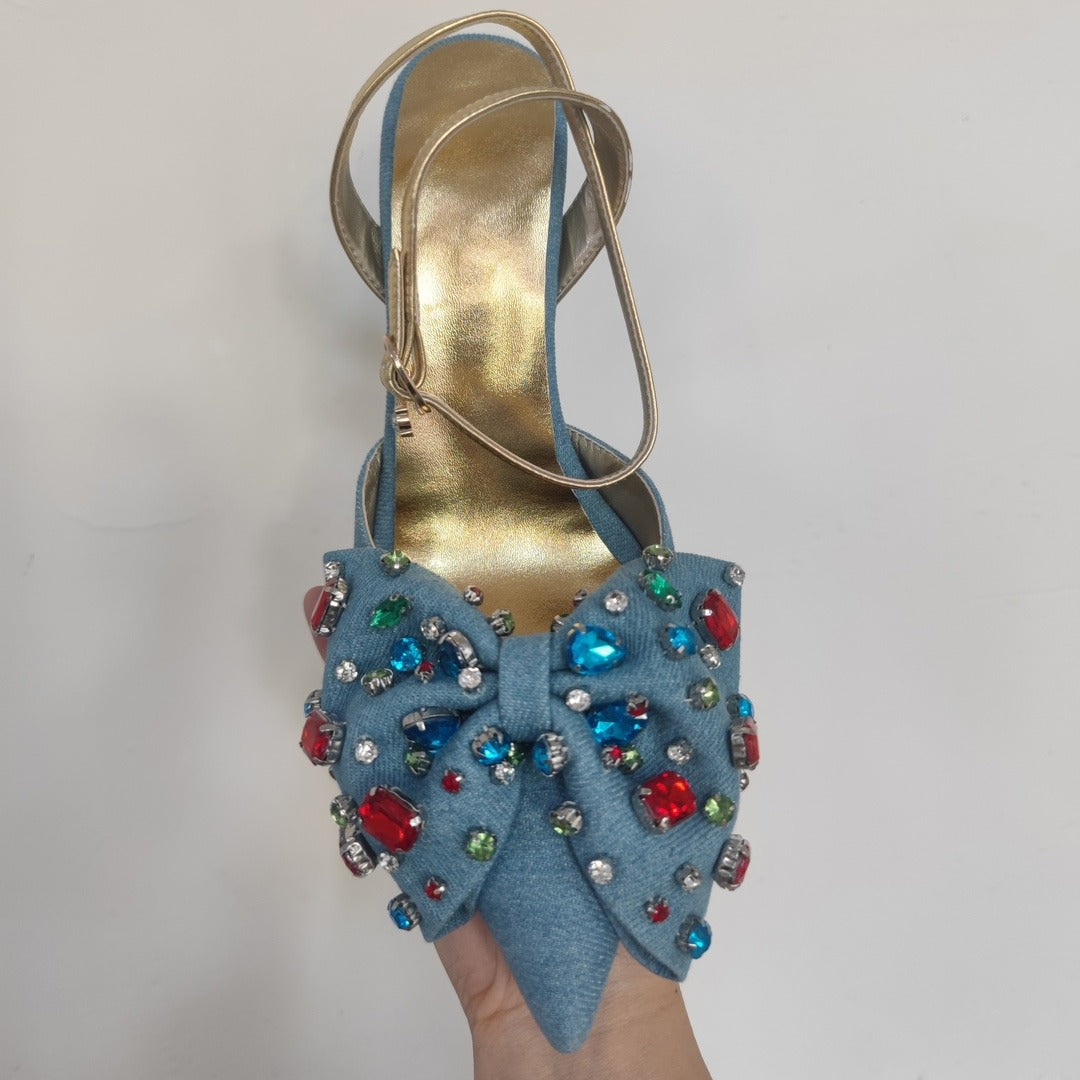 Women Gem-embellished Bow Pump In Denim Sexy Pointed Toe Stiletto Heel Shoes Female Colorful Crystal Buckles Ankle Strap Sandals