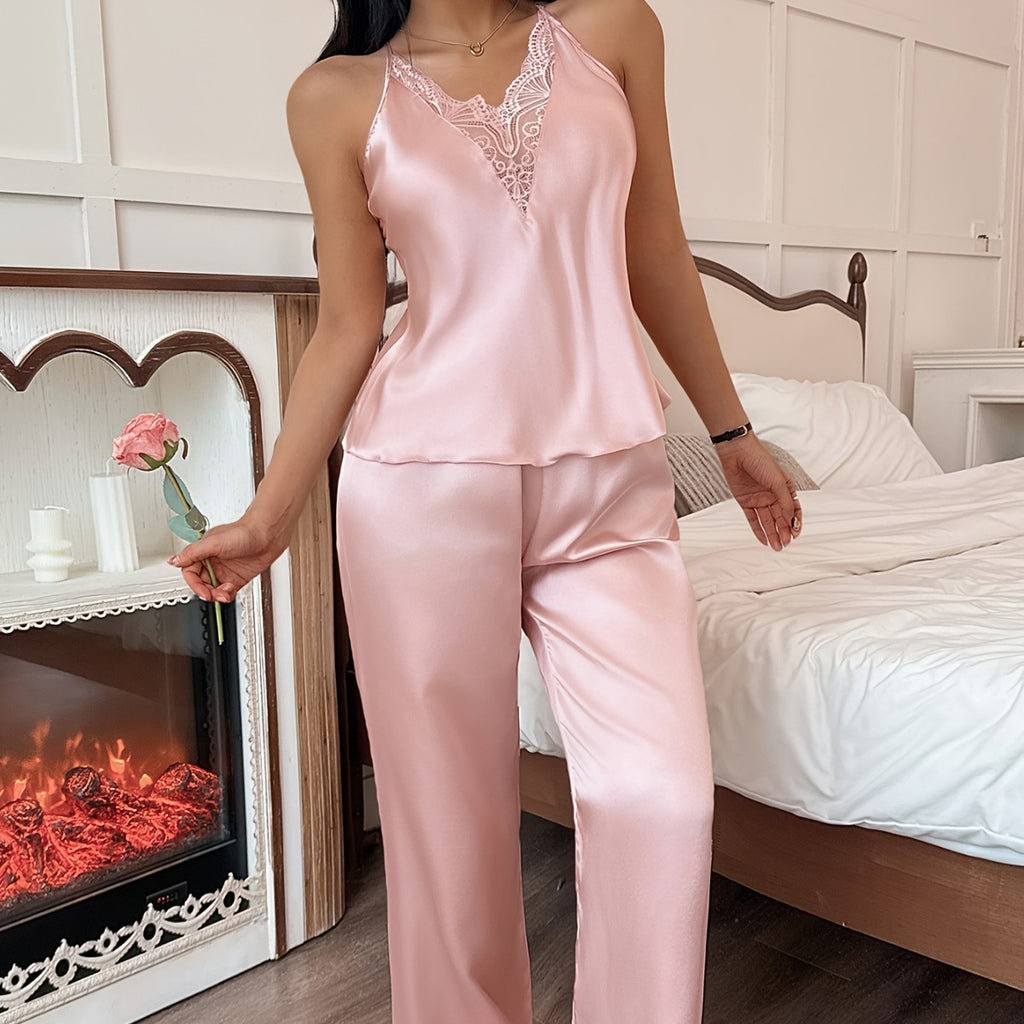 Lightweight Ice Silk Sleepwear for Women, Summer Casual Loungewear, Fashionable and Sexy Sleep Pants and Strap Set