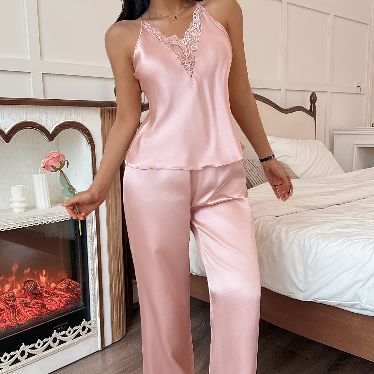 Lightweight Ice Silk Sleepwear for Women, Summer Casual Loungewear, Fashionable and Sexy Sleep Pants and Strap Set