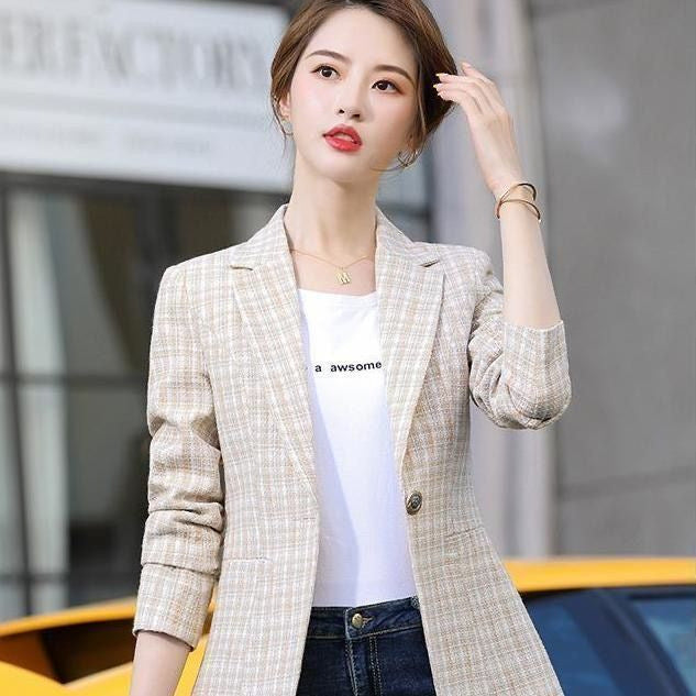 Blazer for Women, Short Length Checkered Pattern Casual Suit Coat