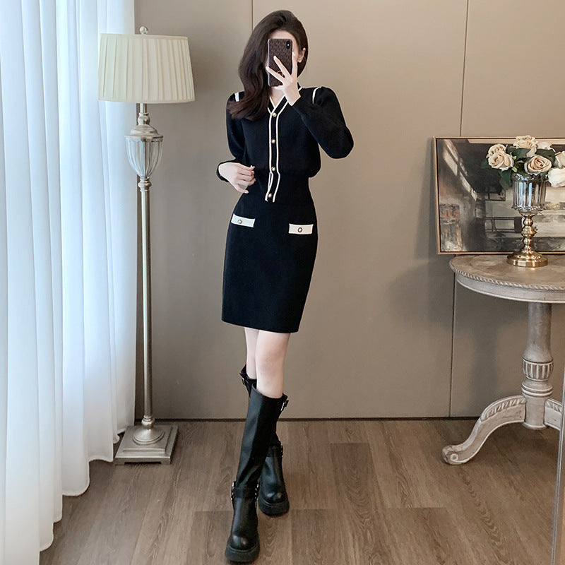 Long sleeved cardigan skirt set for women