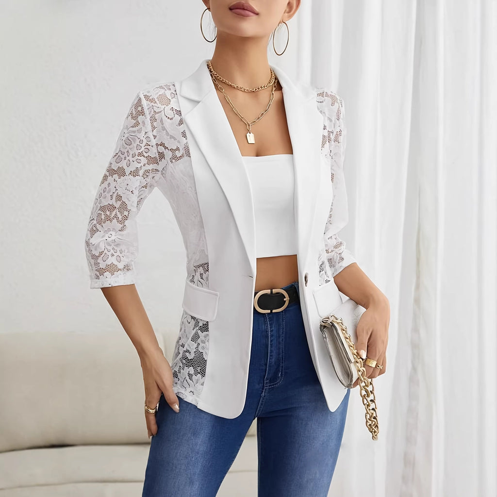 Elegant Solid Color Fashion Lace Spliced Blazer Jacket Women's Top