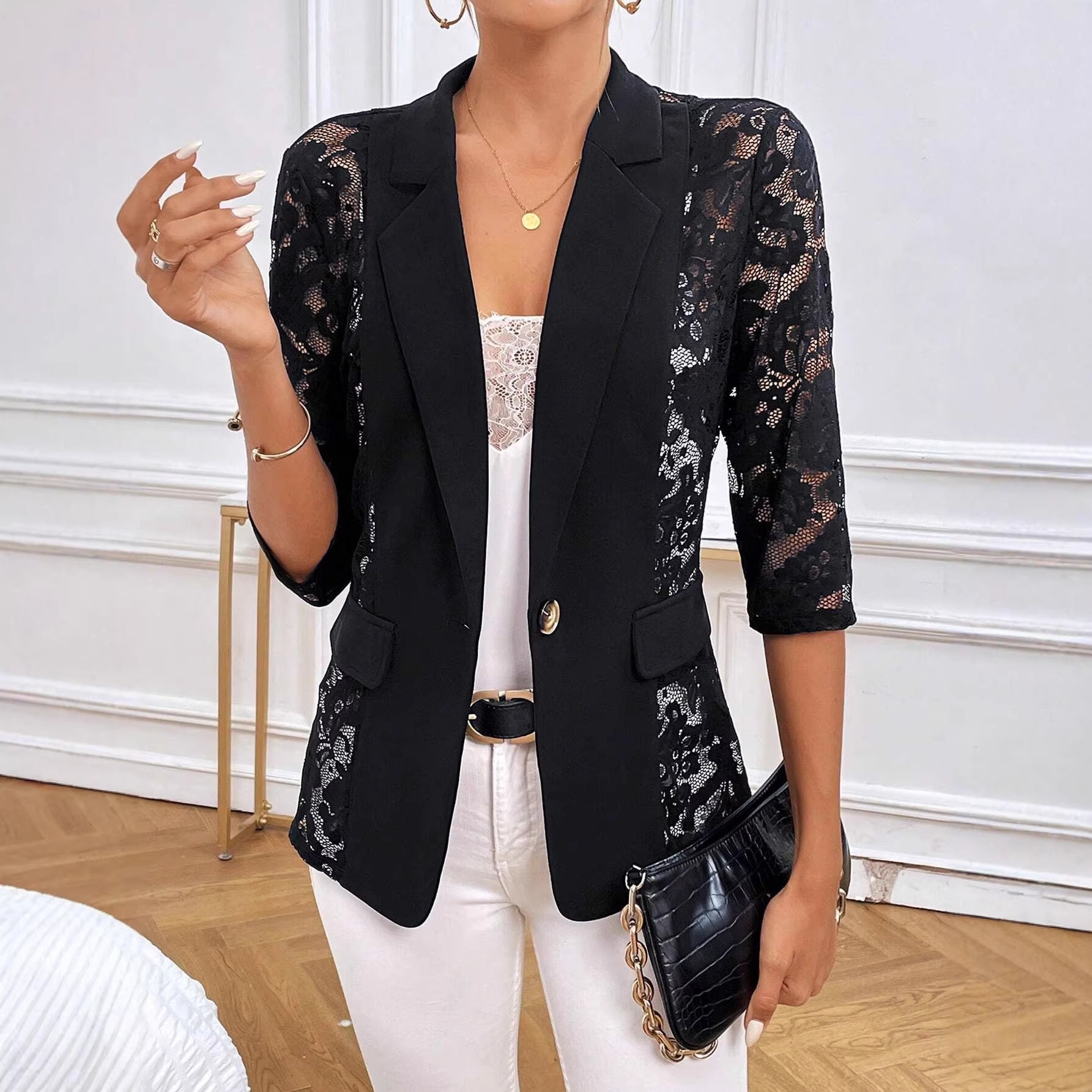 Elegant Solid Color Fashion Lace Spliced Blazer Jacket Women's Top
