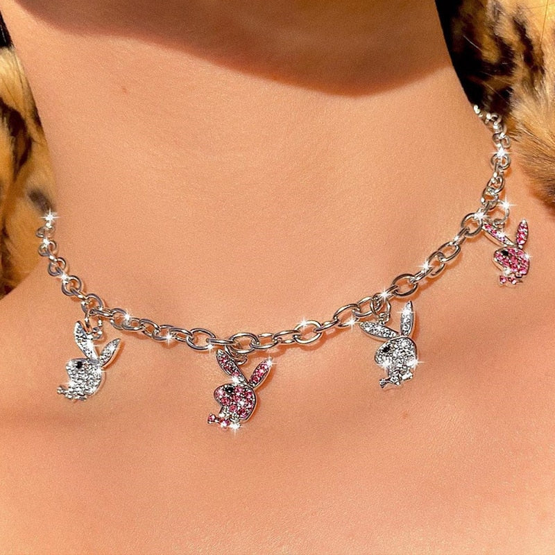 New Ins Hip-hop Stainless Steel Necklaces Twist Clavicle Chain Rhinestone Rabbit Necklace Choker For Women Fashion Jewelry