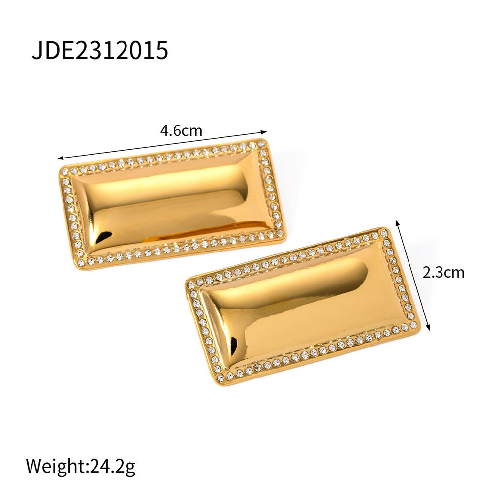 Stainless steel inlaid diamond smooth rectangular earrings, stainless steel personalized jewelry
