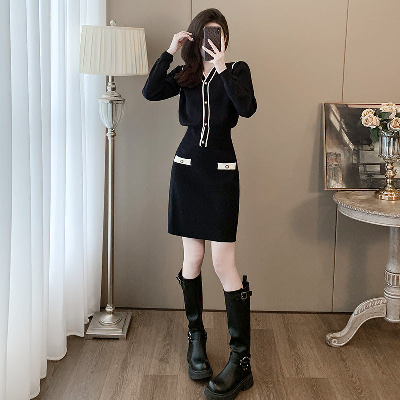 Long sleeved cardigan skirt set for women