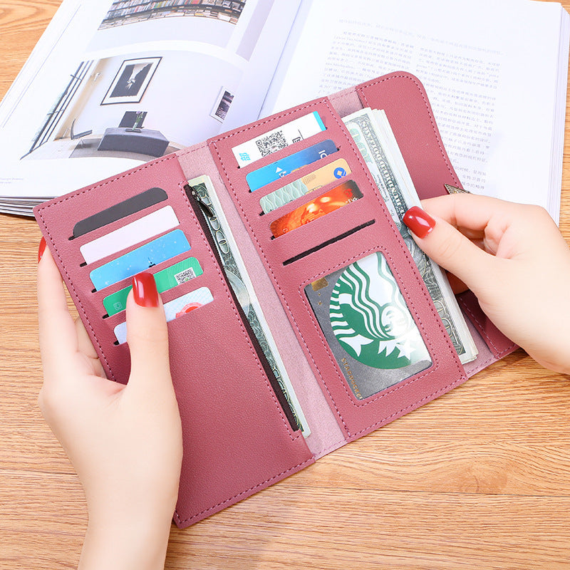Long plain heart-shaped leather wallet with multiple card slots buckle wallet large capacity hand-held bag