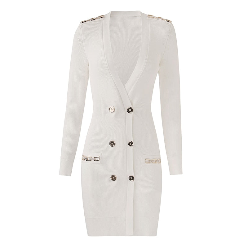 Fashion Women White Bodycon Mini Knit Dress Sexy V-neck Long Sleeve Elastic Chain Applique