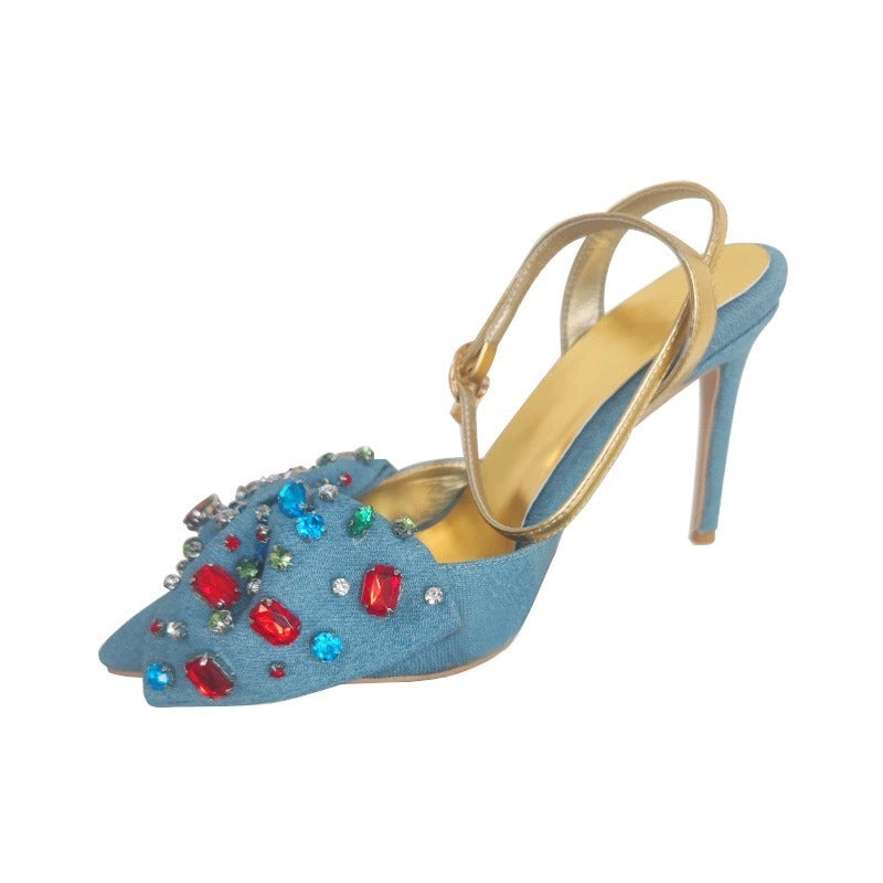 Women Gem-embellished Bow Pump In Denim Sexy Pointed Toe Stiletto Heel Shoes Female Colorful Crystal Buckles Ankle Strap Sandals