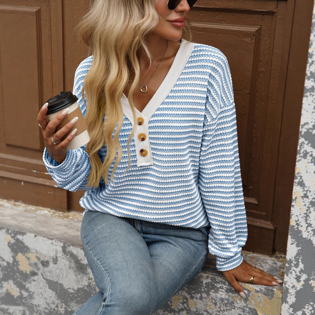 V-neck button top long sleeved color blocked T-shirt
