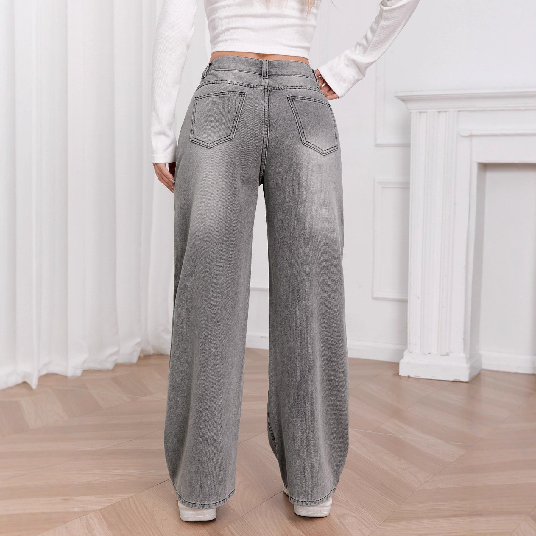 Washed Sky Gray High-Waisted Wide-Leg Denim Pants for Women
