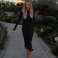 New backless flared sleeves with ruffled hem, knitted long skirt, sexy contrasting long dress for women