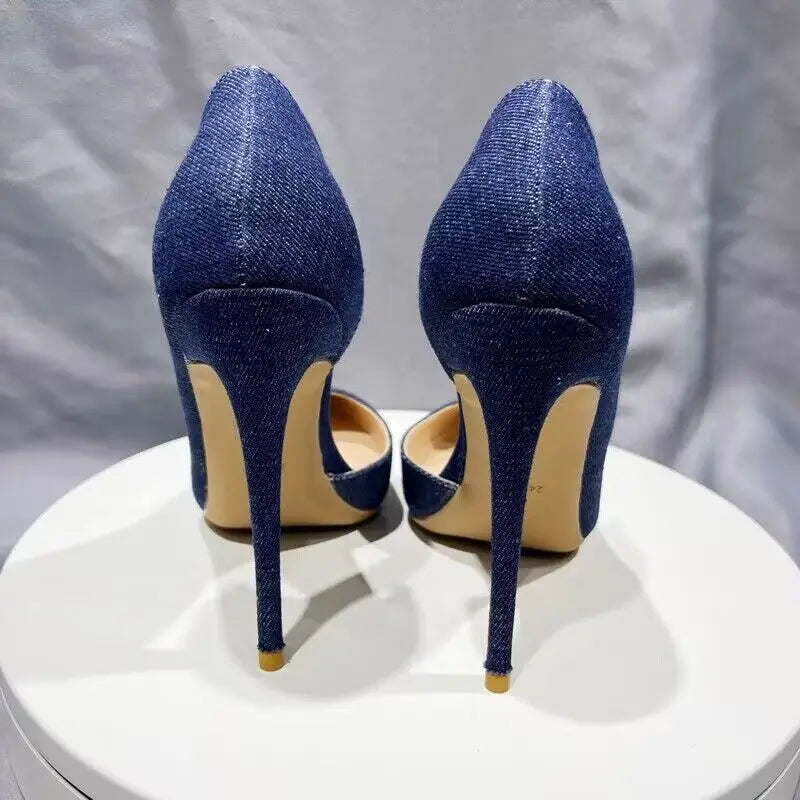 Women Navy Blue Denim Fabric Sexy  Pointy Toe High Heel Shoes Elegant Comfortable Soft Stiletto Pumps Plus