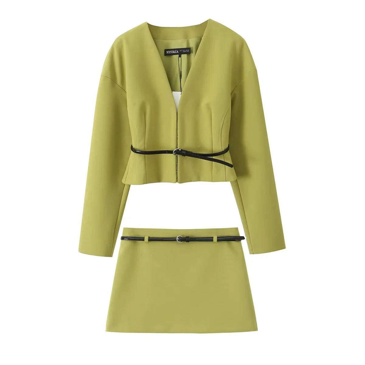 Elegant Fitted Blazer with Belt + Skirt Set for Women