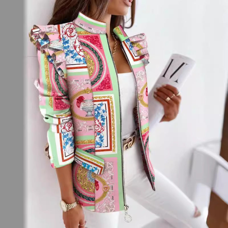 Flounce Sleeve Long Sleeve Zipper Printed Blazer Coat for Women