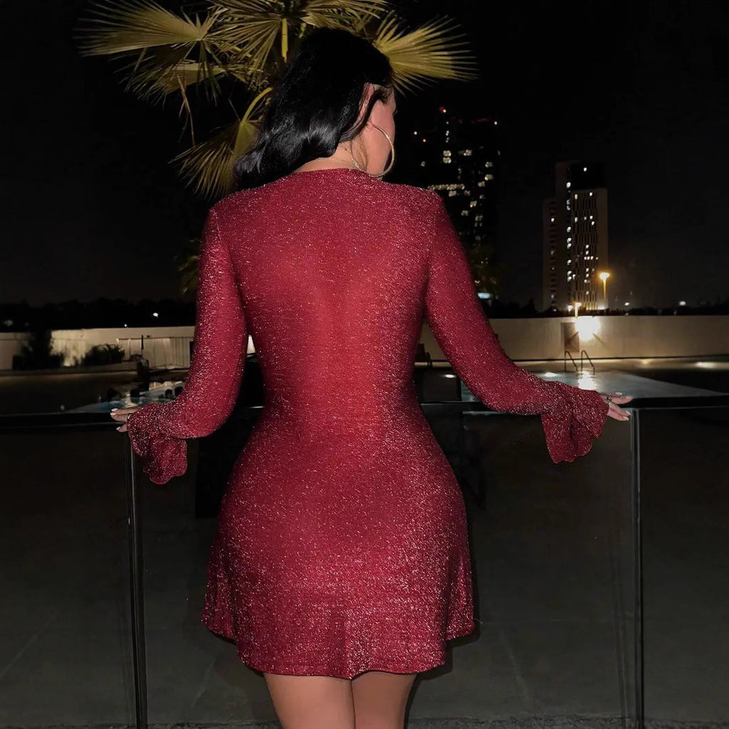 Fashion Sexy Fitted Long Sleeve Solid Color Evening Dress for Women