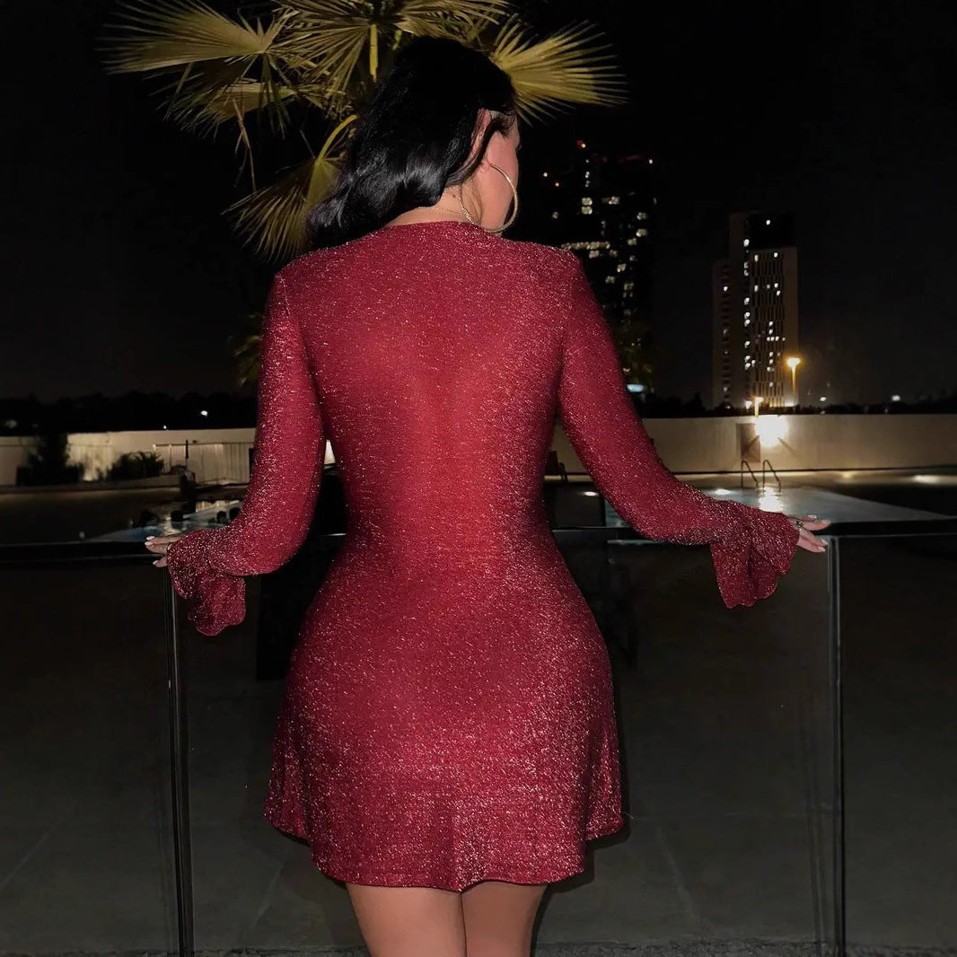 Fashion Sexy Fitted Long Sleeve Solid Color Evening Dress for Women